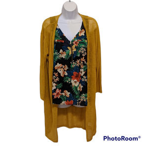 Gold Duster and Tropical Floral Blouse Set Size L NWT
